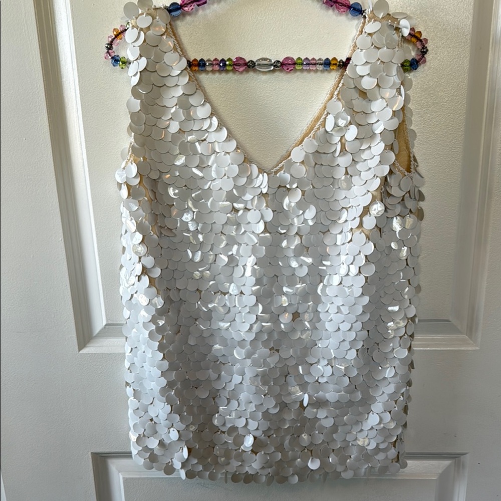 VINTAGE 60s 🤍 Go Go dancer white sequin wool sleeveless top L see video 😍